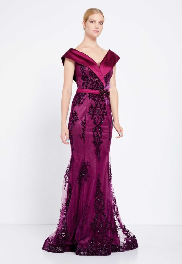 Off Shoulder Maxi Tulle Mermaid Regular Purple Evening Dress - Image 3