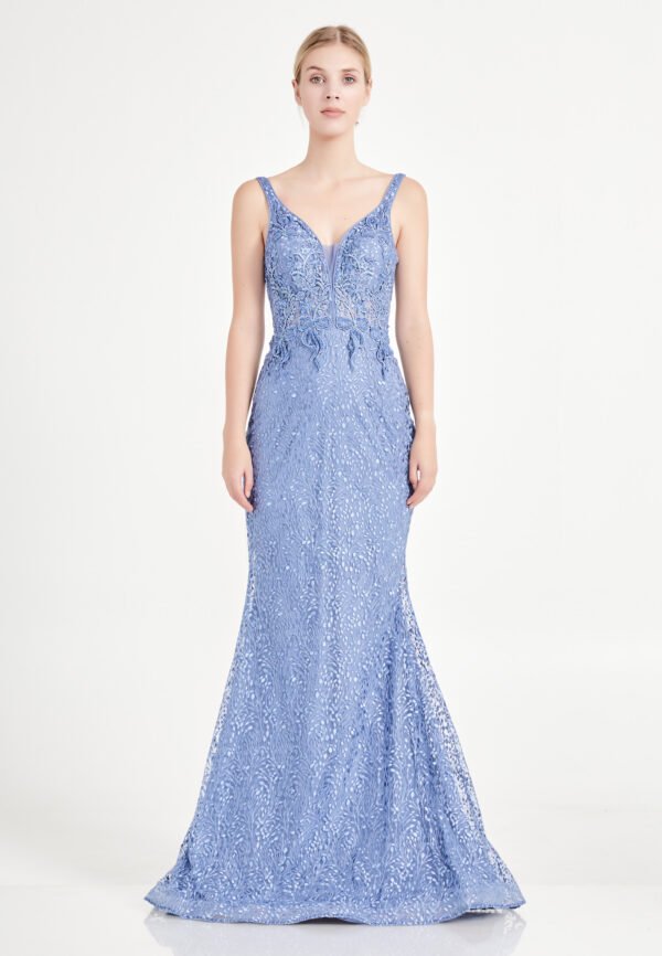 Sleeveless Maxi Lace Mermaid Regular Blue Evening Dress - Image 2