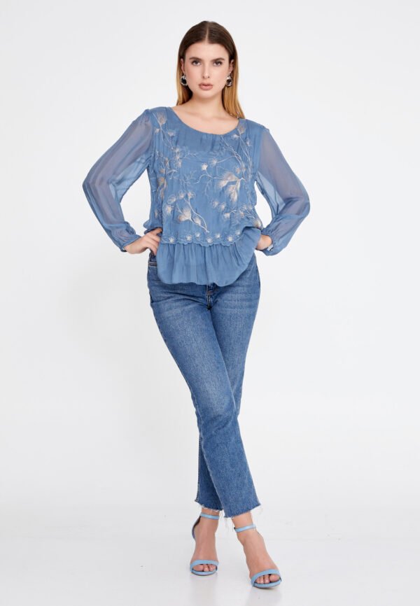Long Sleeve Flocal Regular Blue Blouse - Image 4