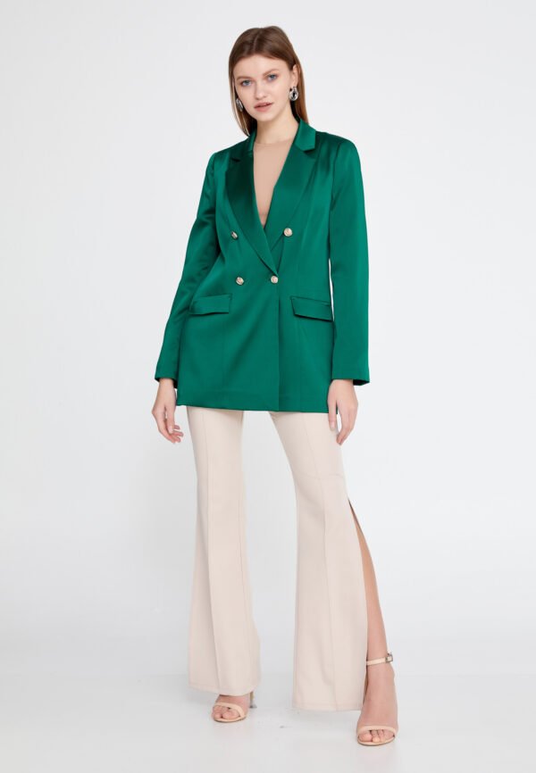 Long Sleeve Satin Solid Color Regular Green Jacket - Image 4