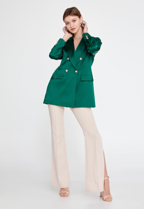 Long Sleeve Satin Solid Color Regular Green Jacket - Image 6