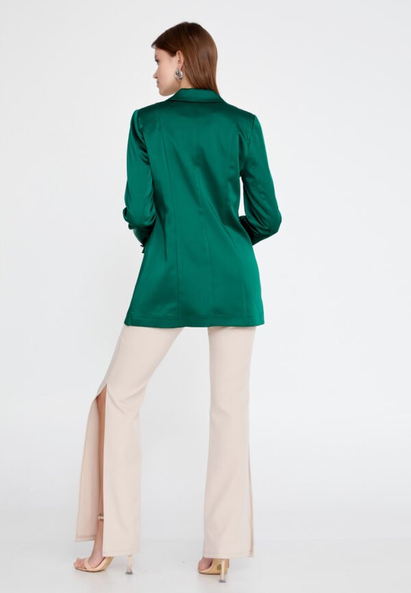 Long Sleeve Satin Solid Color Regular Green Jacket - Image 3