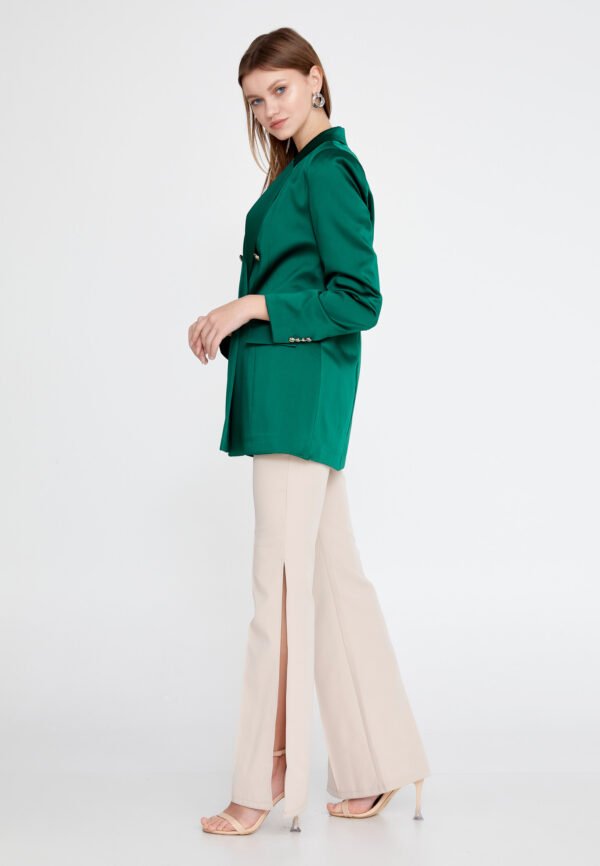Long Sleeve Satin Solid Color Regular Green Jacket - Image 2