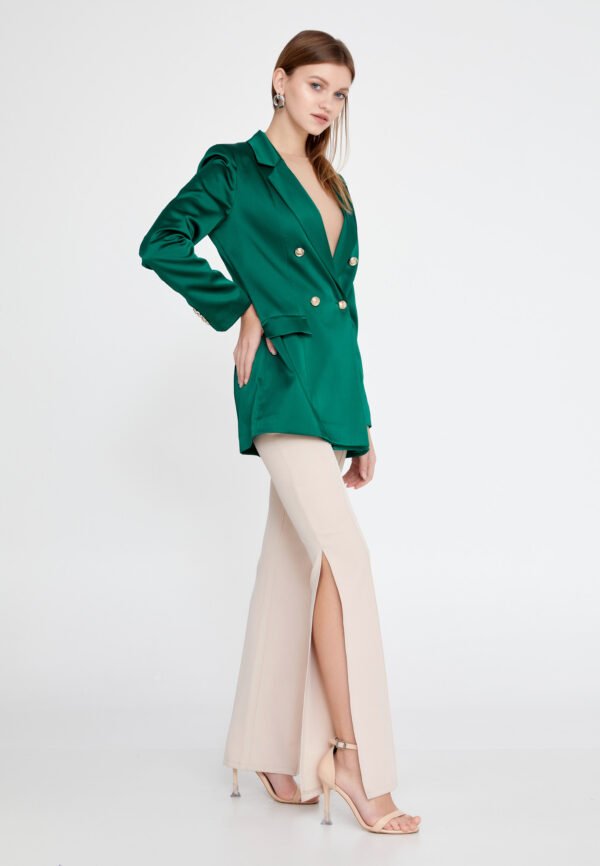 Long Sleeve Satin Solid Color Regular Green Jacket - Image 5
