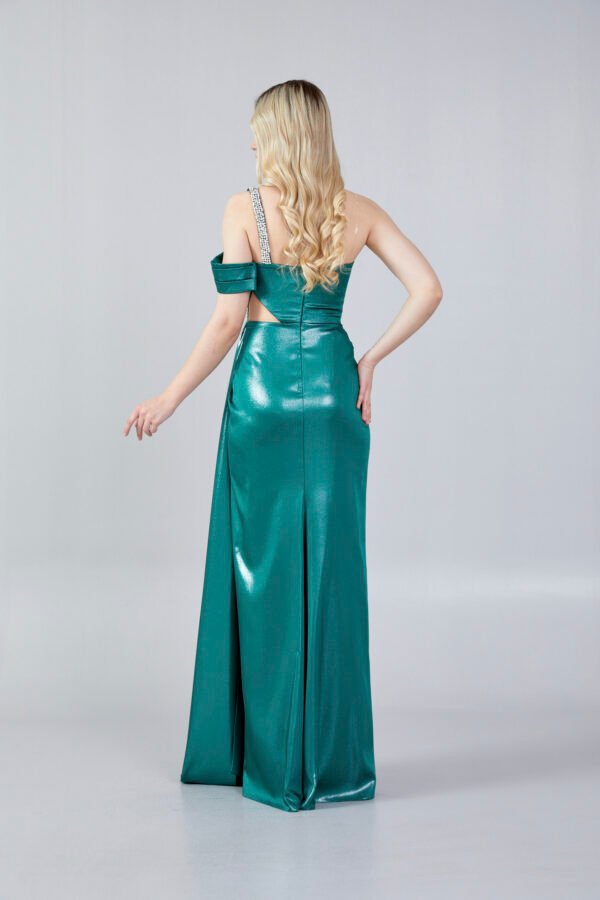 One Shoulder Midi Crepe Column Regular Green Evening Dress - Image 4