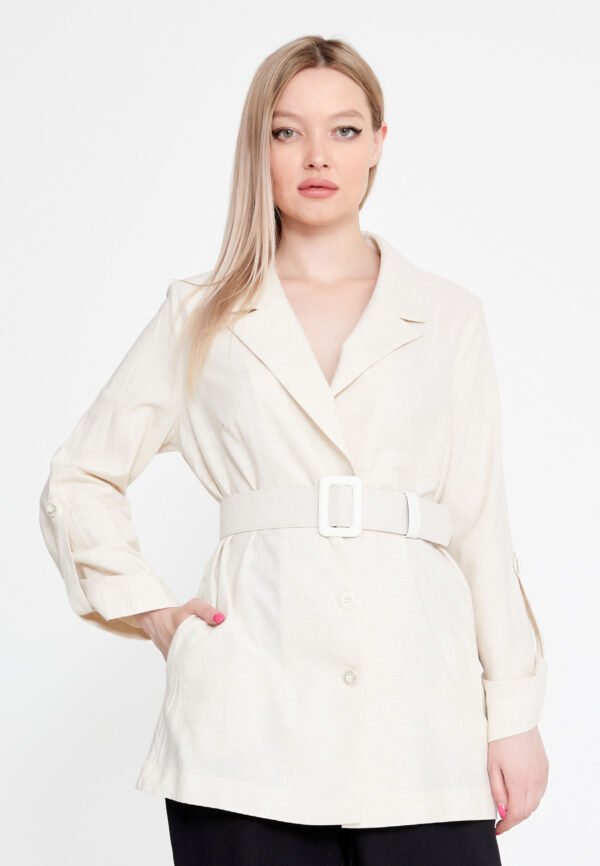 Mid-Length Linen Solid Color Regular Beige Jacket