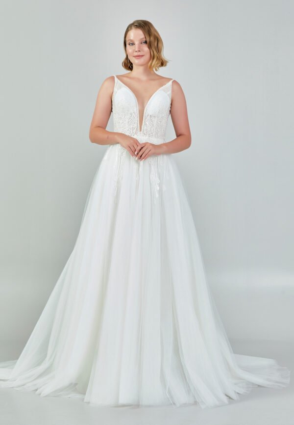 Sleeveless Maxi Tulle Regular Ecru Wedding Dress - Image 9