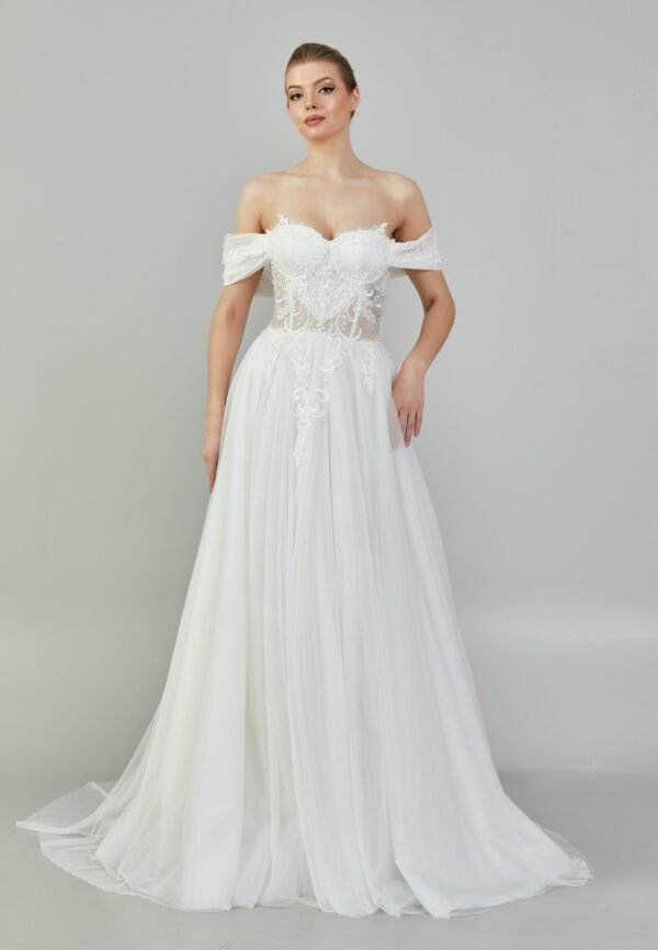 Off Shoulder Maxi Tulle Regular White Wedding Dress - Image 9