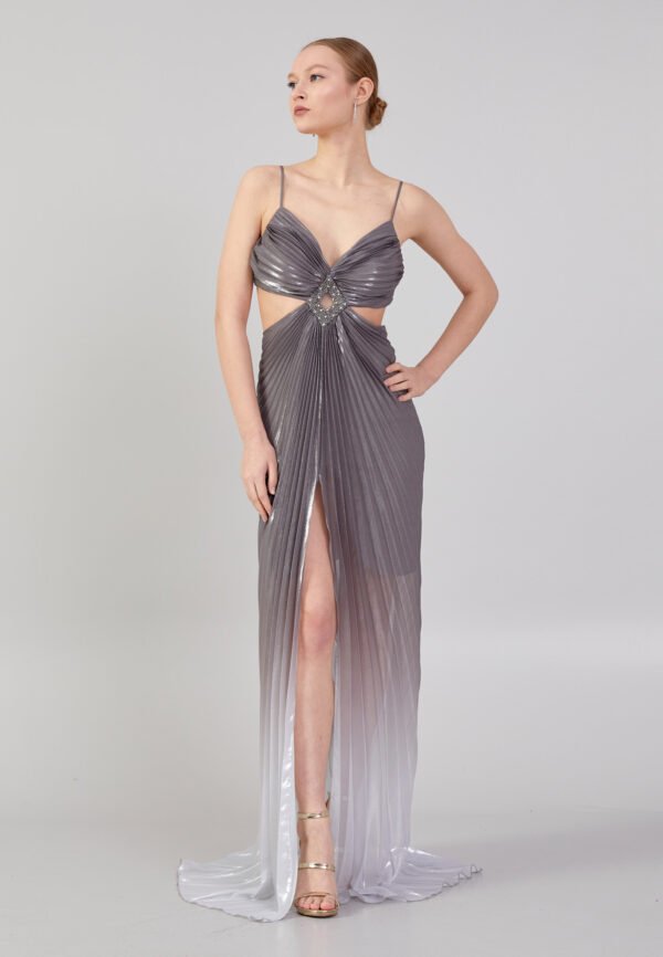 Sleeveless Maxi Tulle Column Regular Silver White Evening Dress - Image 5