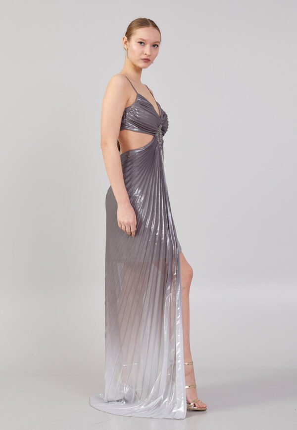 Sleeveless Maxi Tulle Column Regular Silver White Evening Dress - Image 3