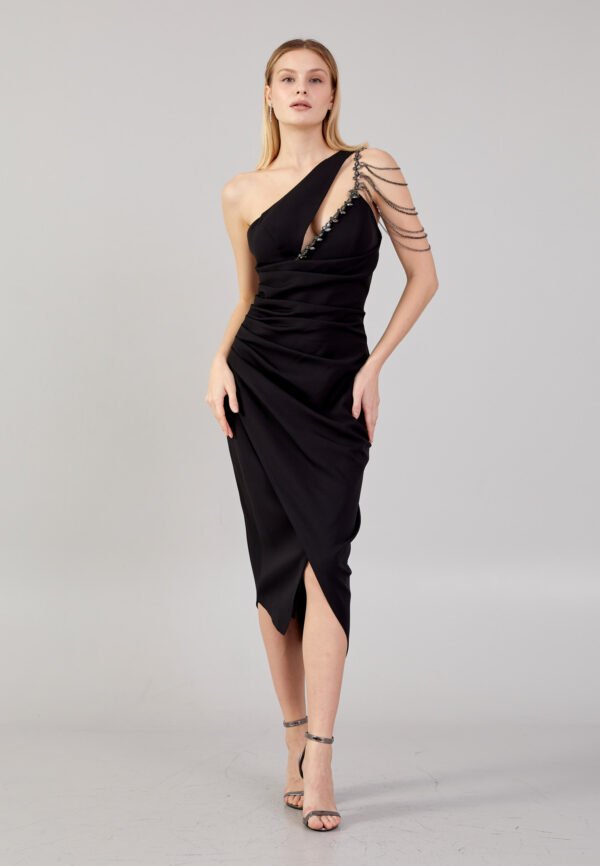 One Shoulder Midi Crepe Column Regular Black Evening Dress - Image 6