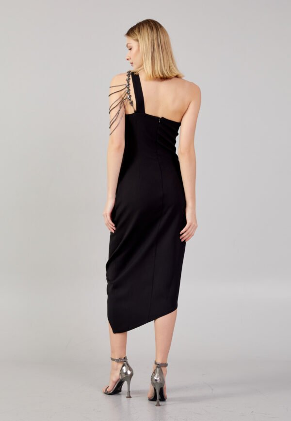 One Shoulder Midi Crepe Column Regular Black Evening Dress - Image 5