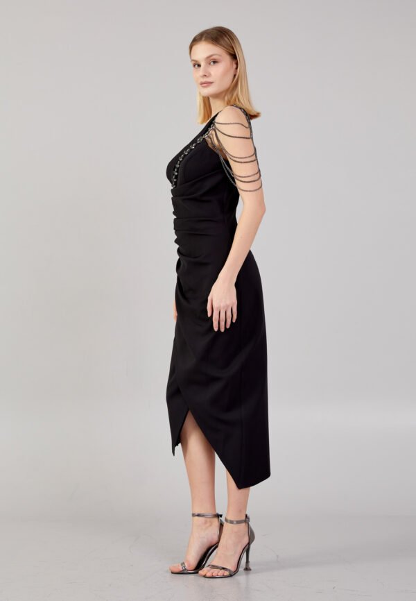 One Shoulder Midi Crepe Column Regular Black Evening Dress - Image 4