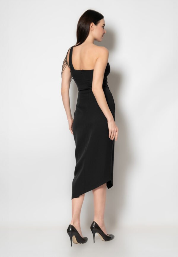 One Shoulder Midi Crepe Column Regular Black Evening Dress - Image 2
