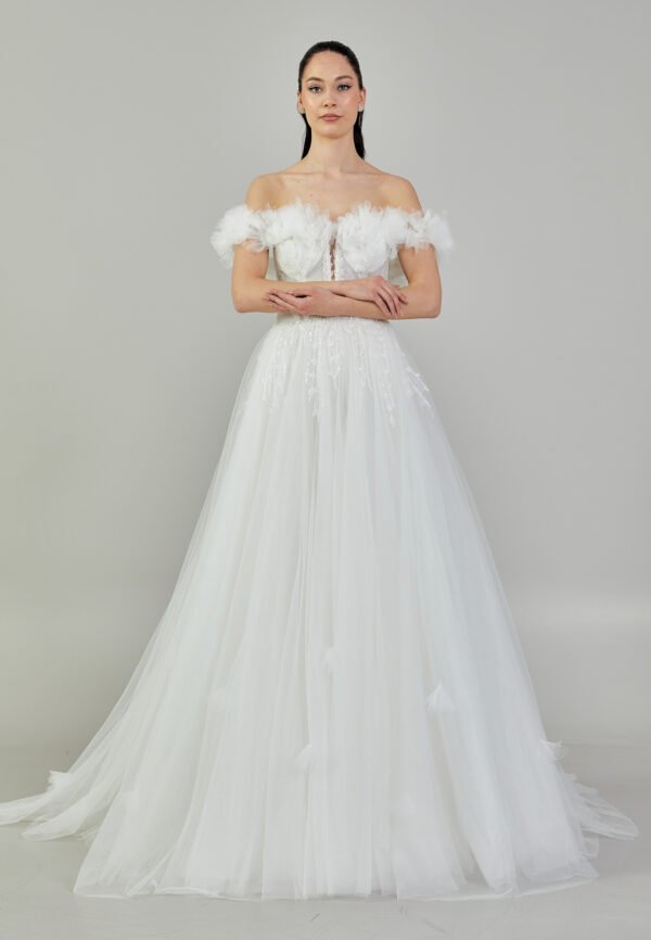 Off Shoulder Maxi Tulle Regular Ecru Wedding Dress - Image 8