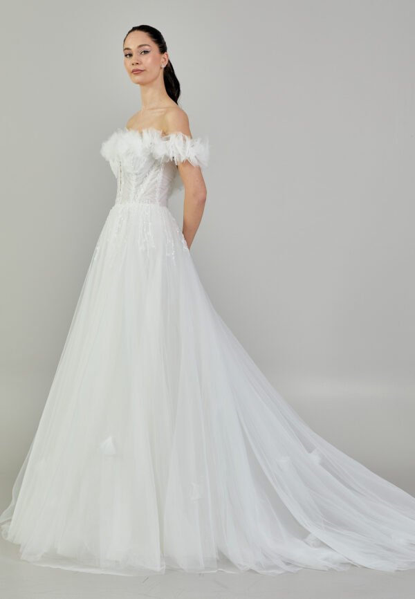 Off Shoulder Maxi Tulle Regular Ecru Wedding Dress - Image 6
