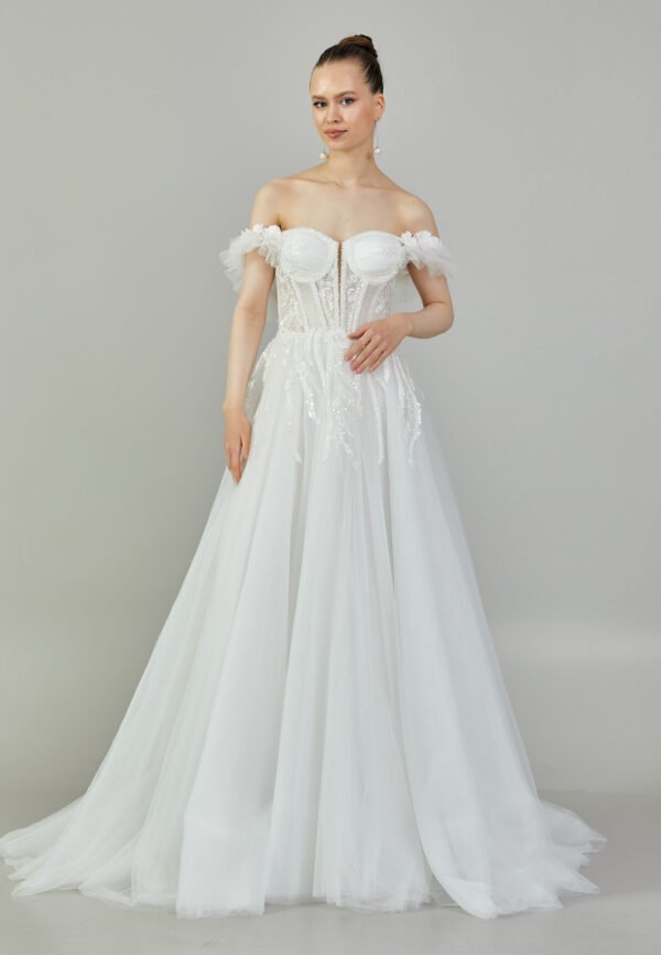 Off Shoulder Maxi Tulle Regular Ecru Wedding Dress - Image 6