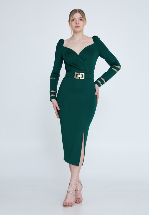 Long Sleeve Mid Crepe Солити Regutar Green Eving Dress - Image 5