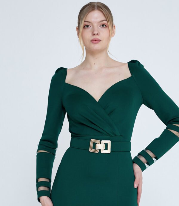 Long Sleeve Mid Crepe Солити Regutar Green Eving Dress