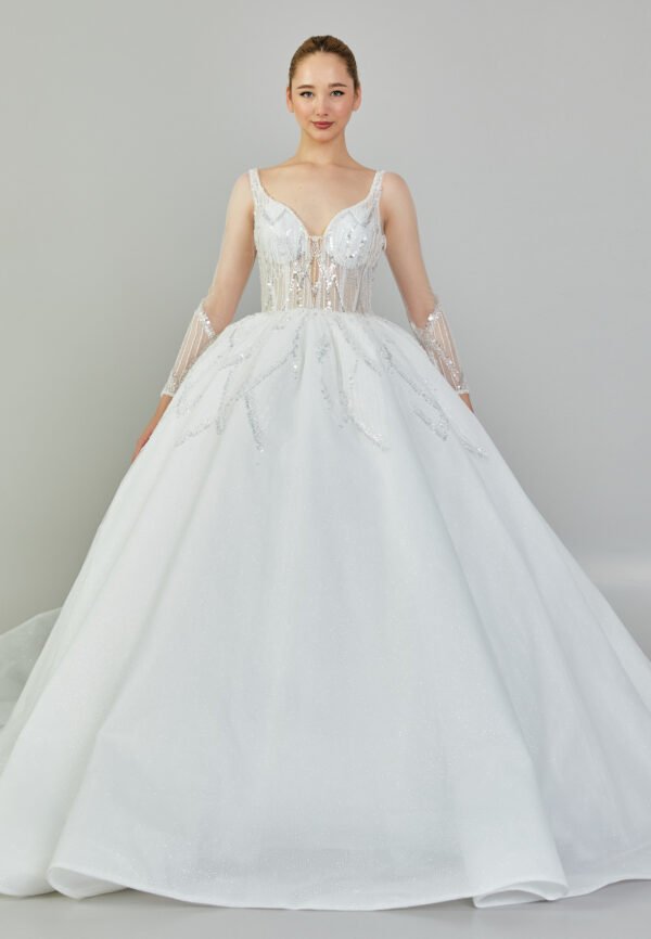 Long Sleeve Maxi Tulle Regular Ecru Wedding Dress - Image 8