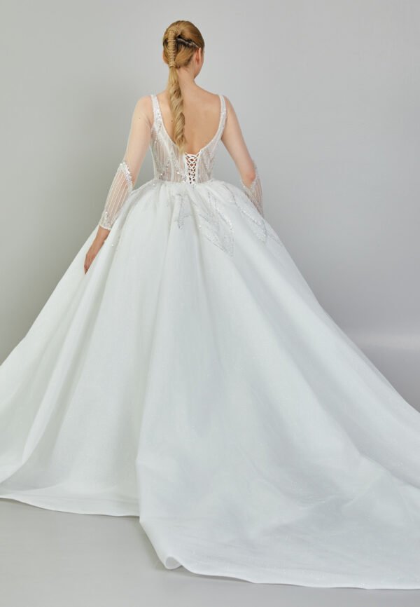 Long Sleeve Maxi Tulle Regular Ecru Wedding Dress - Image 7