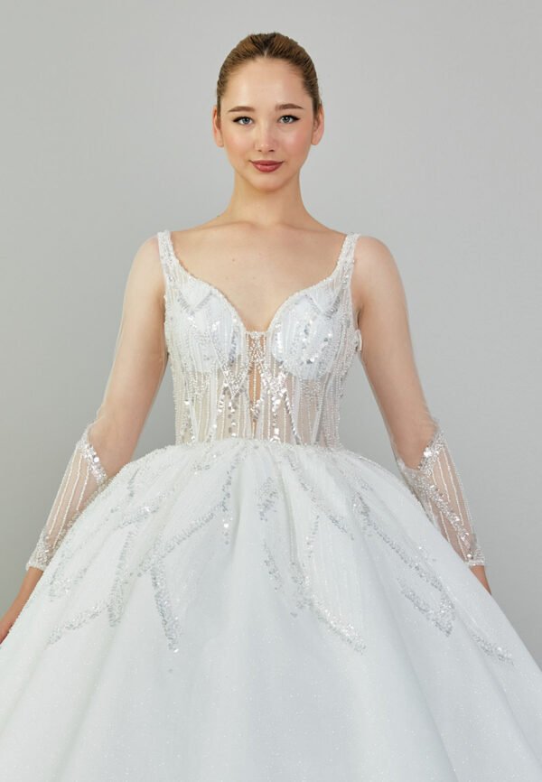 Long Sleeve Maxi Tulle Regular Ecru Wedding Dress - Image 5