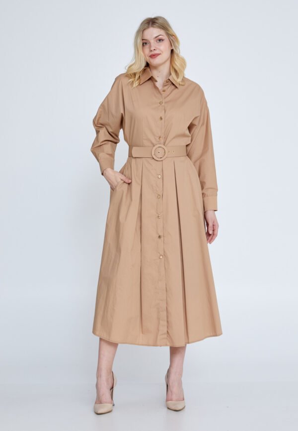 Long Sleeve Midi Polyester Column Regular Beige Casual Dress - Image 4