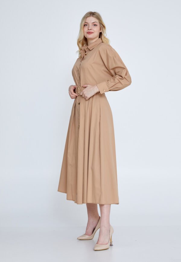 Long Sleeve Midi Polyester Column Regular Beige Casual Dress - Image 2