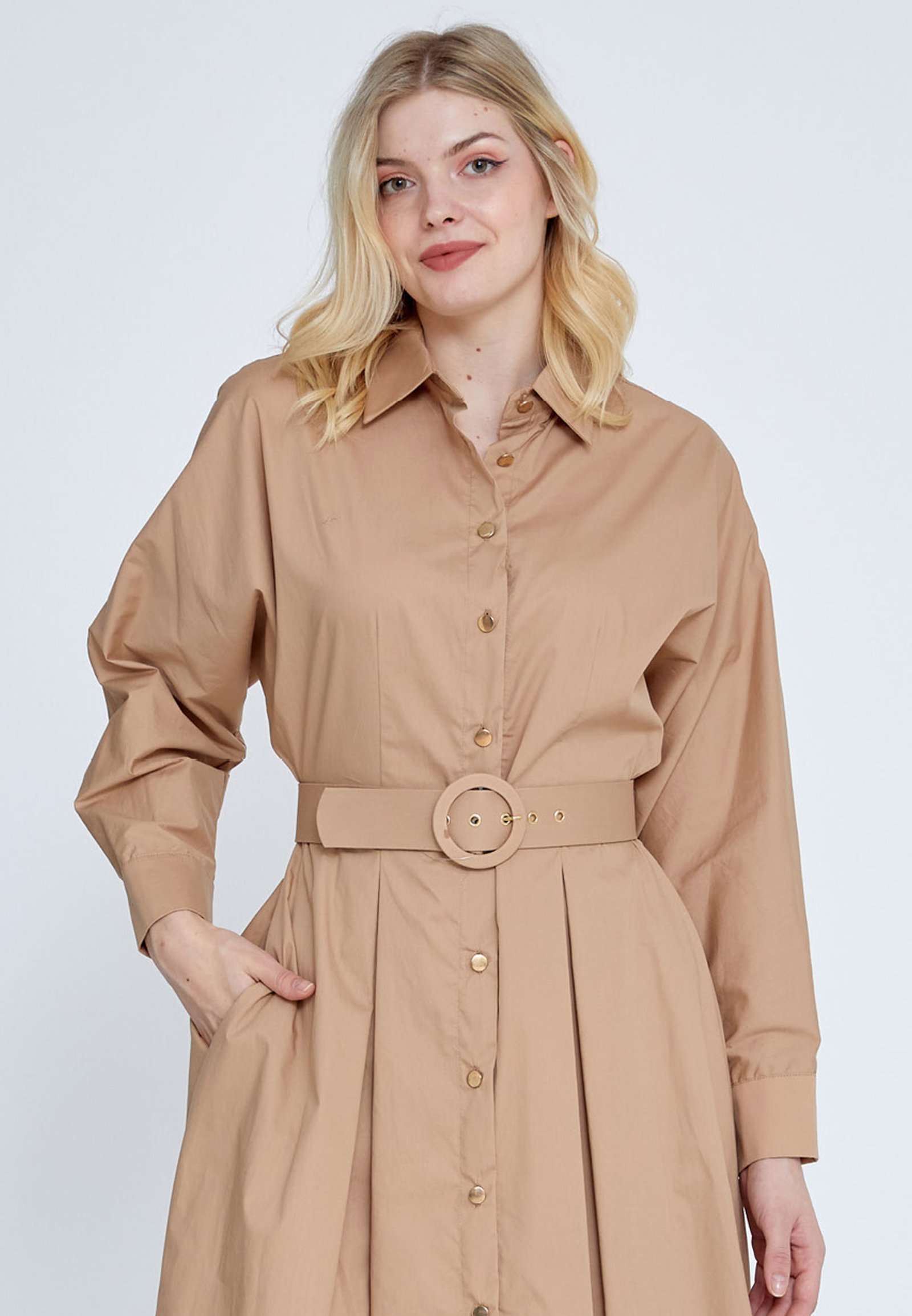 Long Sleeve Midi Polyester Column Regular Beige Casual Dress